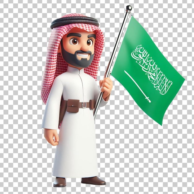 PSD arabischer mann hält die saudi-arabische flagge 3d-rendering isoliert auf durchsichtigem hintergrund