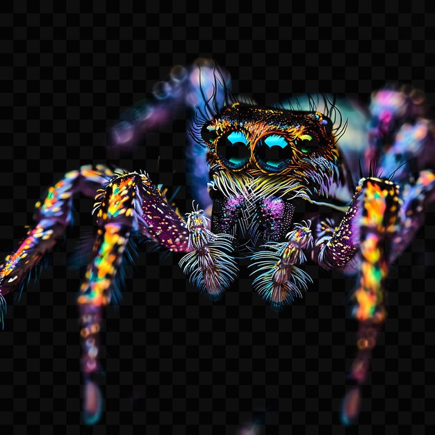 PSD una araña con ojos coloridos se sienta en un fondo negro