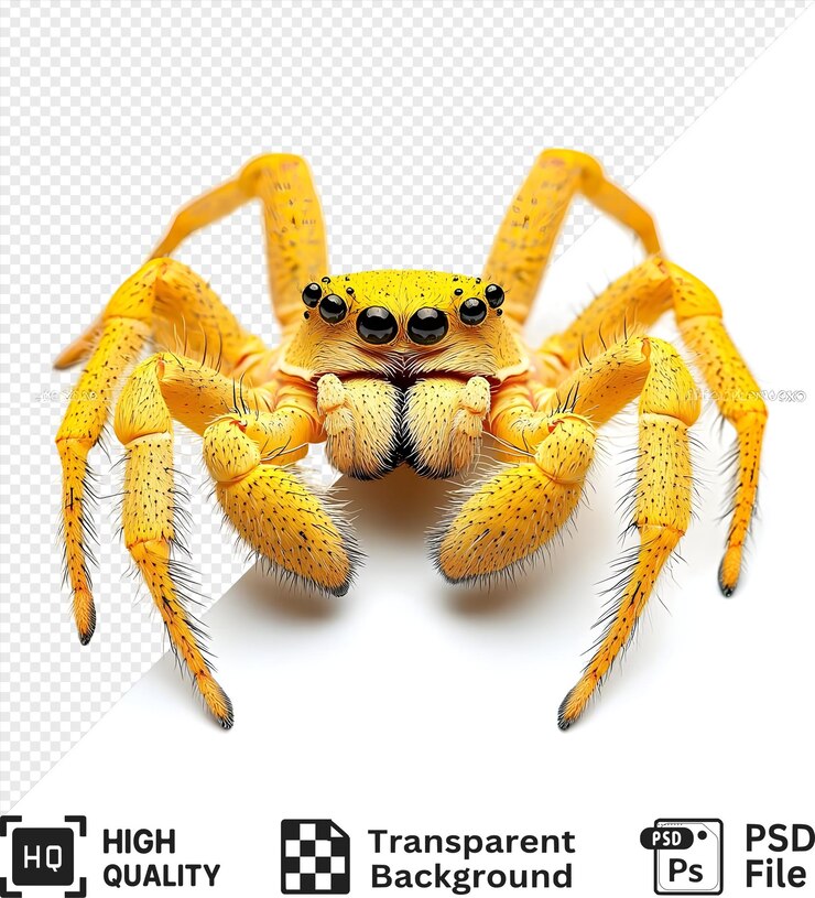 PSD araña saltadora amarilla con ocho ojos en un fondo transparente aislado