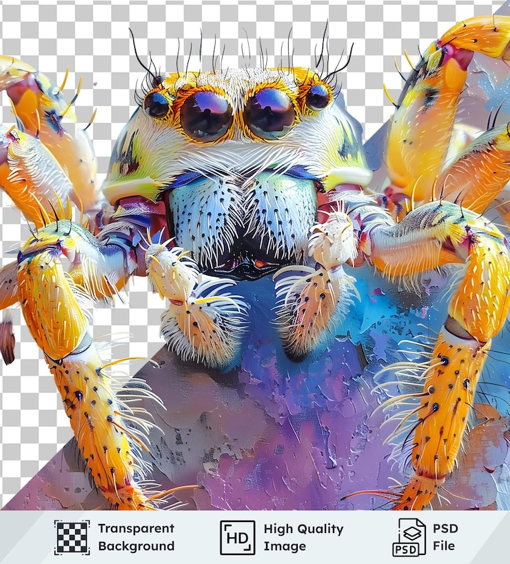PSD aranha pulando vibrante em close-up com fundo transparente um retrato macro artístico de um colorfu