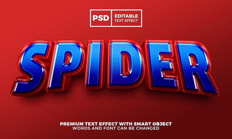PSD aranha super herói azul 3d com efeito de texto editável estilo psd premium