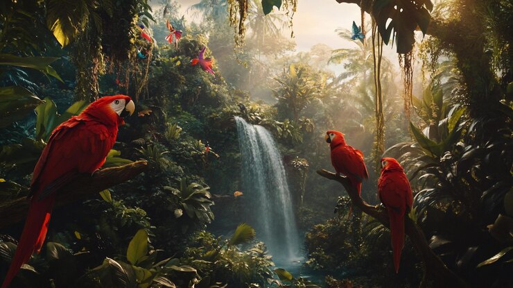 PSD araras escarlates empoleiradas em galhos numa floresta tropical exuberante com uma cachoeira