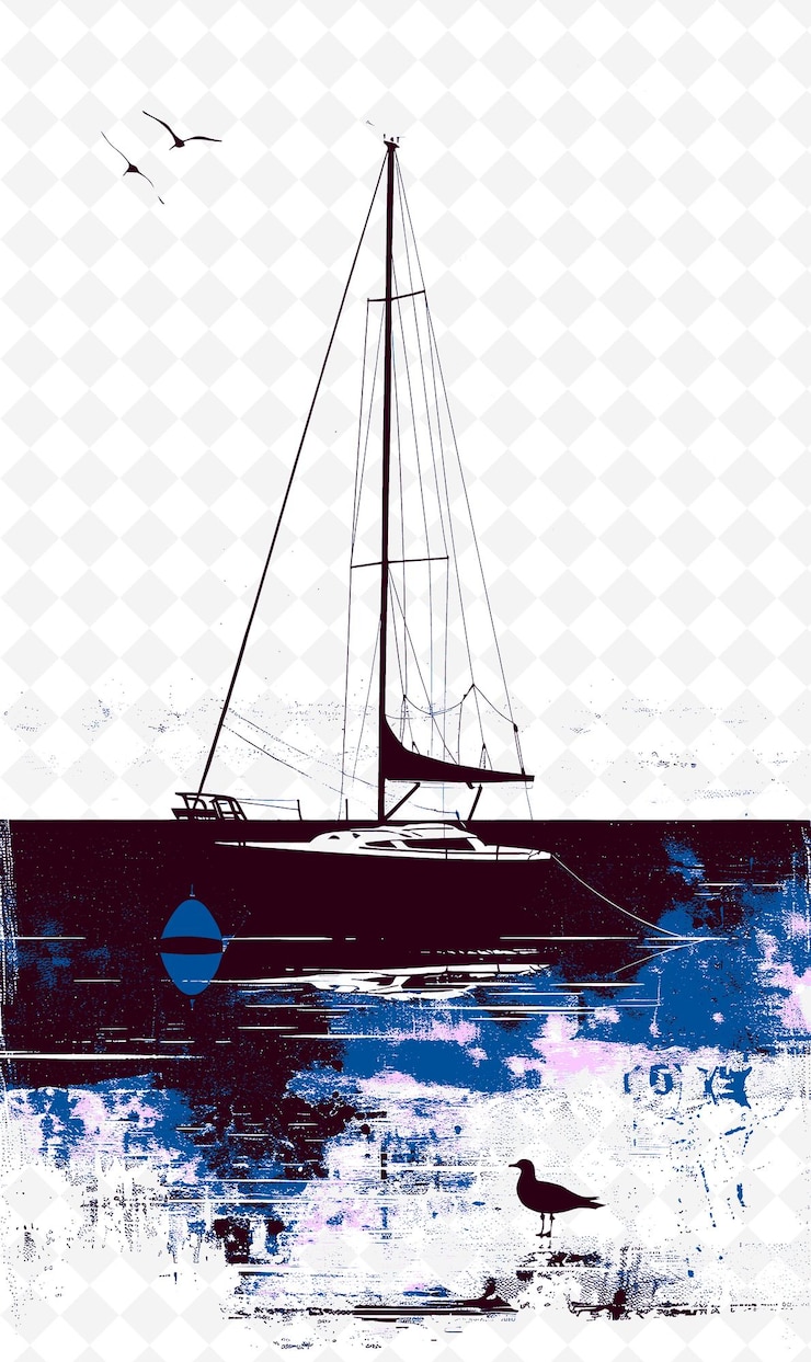 PSD araruama-lagune-szene mit einem segelboot und einer möwe ein roter bu illustration brasilianisches leben und kultur