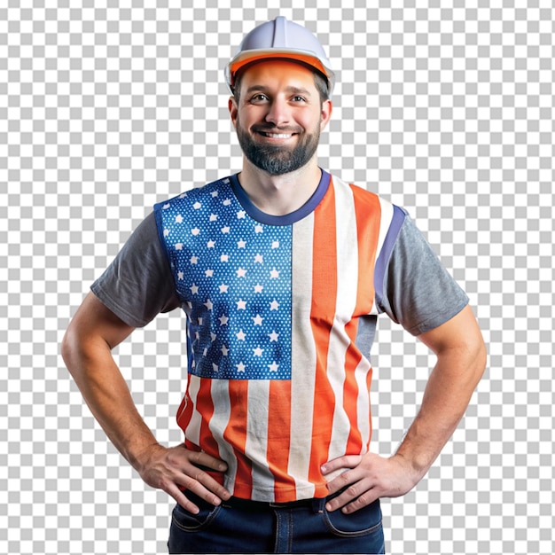 PSD arbeiter, der ein t-shirt mit amerikanischer flagge trägt png