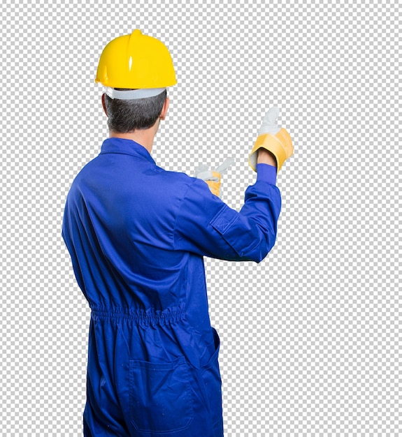 Arbeiter, der zurück auf weißem Hintergrund denkt