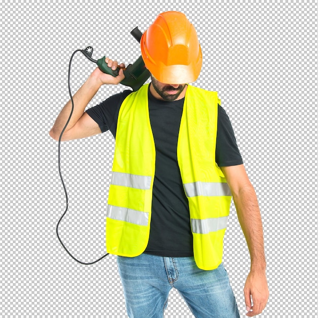 Arbeiter mit Bohrgerät auf weißem Hintergrund