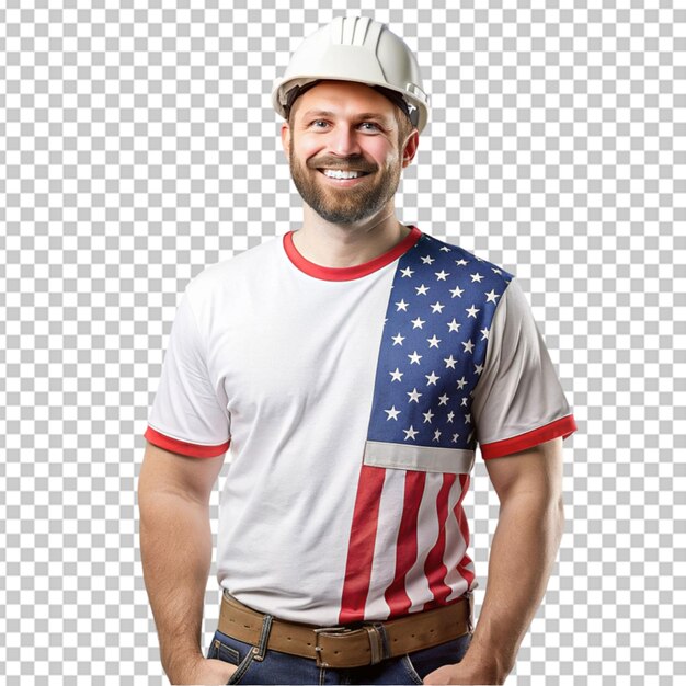 PSD arbeiter trägt ein t-shirt mit amerikanischer us-flaggefarbe auf durchsichtigem hintergrund
