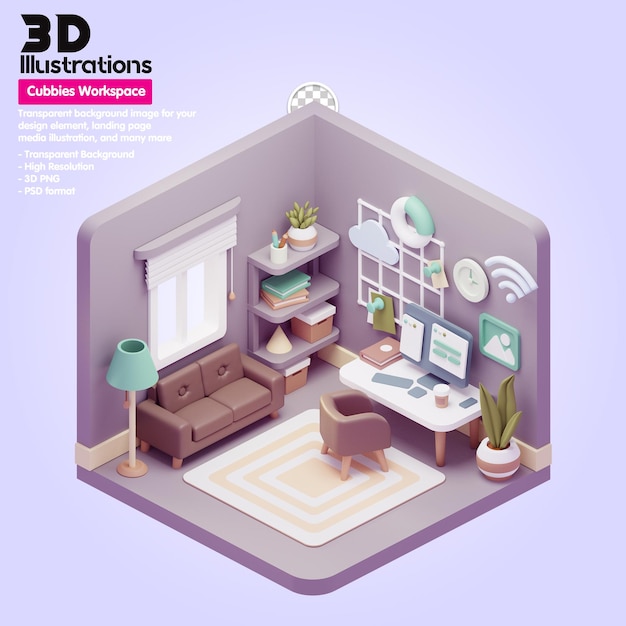 PSD arbeitsbereich 3d-illustrationen erstreckt sich über 3d-kompositionsstuhl und schreibtisch