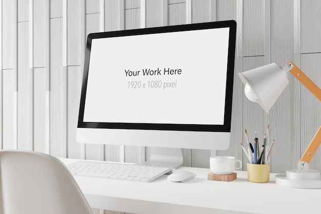 Arbeitsbereich mit Modellbildschirm des Laptops im 3D-Rendering