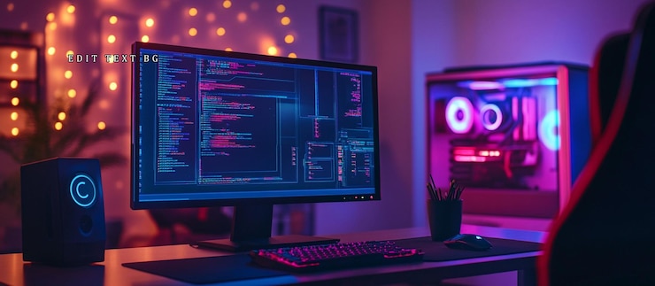 PSD arbeitsraum für programmierer in der nacht mit computer, der den code anzeigt, tastatur, maus, pc-turm und lautsprecher