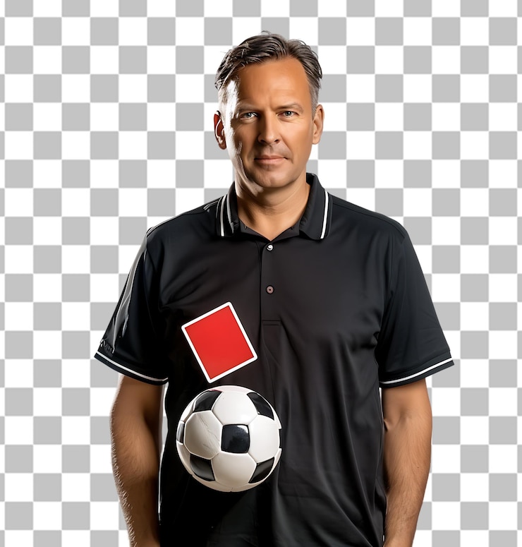 PSD árbitro de fútbol con la pelota mostrando tarjeta roja en un fondo transparente