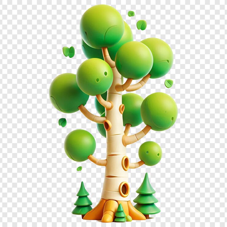 PSD árbol 3d de dibujos animados aislado sobre un fondo transparente