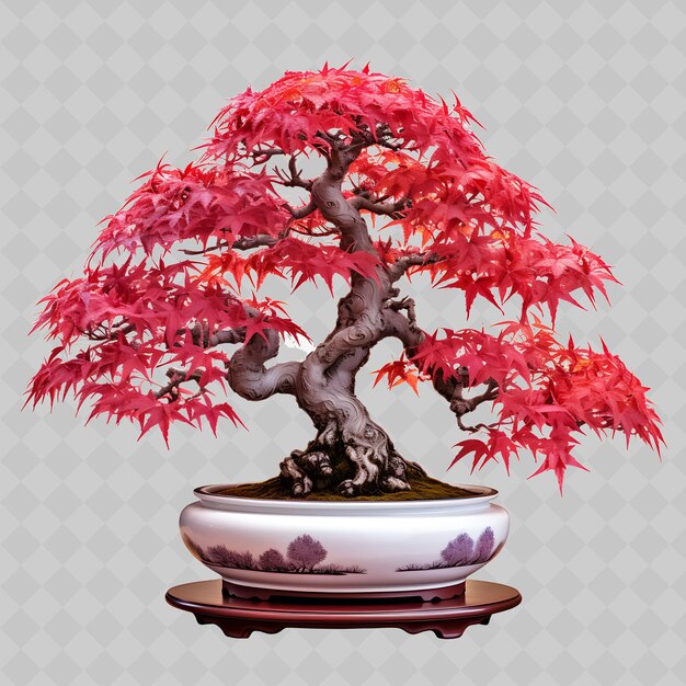 Árbol de bonsai de arce, olla de porcelana, hojas de palma, tema carmesí, árboles transparentes y diversos.