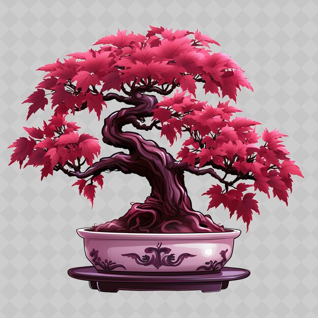 PSD Árbol de bonsai de arce, olla de porcelana, hojas de palma, tema carmesí, árboles transparentes y diversos.