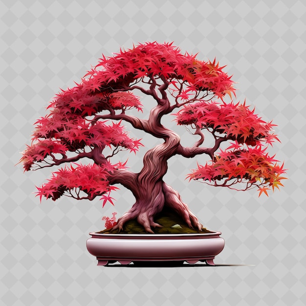 PSD Árbol de bonsai de arce, olla de porcelana, hojas de palma, tema carmesí, árboles transparentes y diversos.