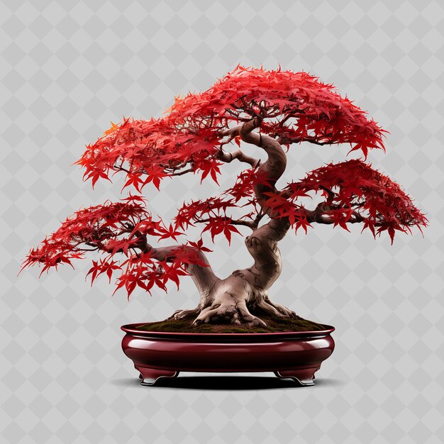 PSD Árbol de bonsai de arce, olla de porcelana, hojas de palma, tema carmesí, árboles transparentes y diversos.