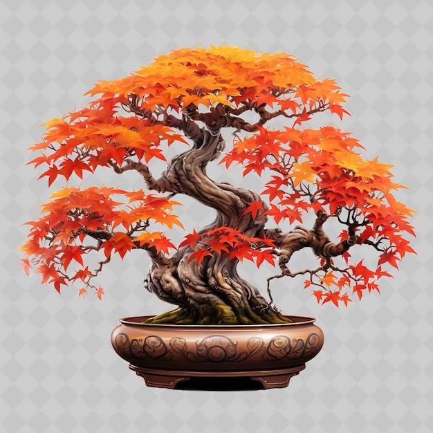 PSD Árbol de bonsai de arce de png olla esmaltada hojas de palma inspiradas en el otoño decoración de árboles transparentes diversos