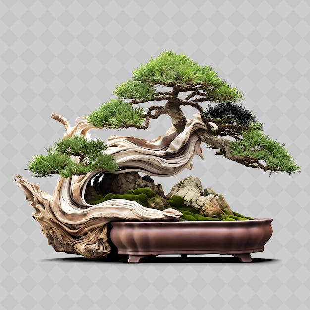 PSD Árbol de bonsai de enebro aguja de madera como hojas inspiración zen transparente decoración de árboles diversos