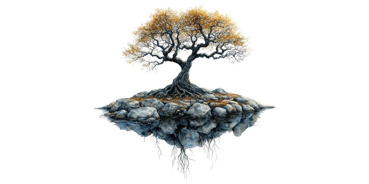 PSD árbol de bonsai con hojas amarillas y base de roca aislada sobre un fondo transparente