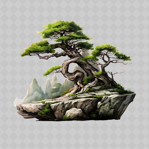 PSD un árbol de bonsai con una montaña en el fondo