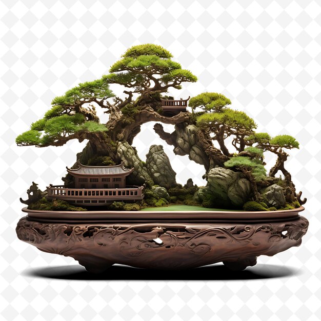 PSD un árbol de bonsai está en una olla con una casa en ella