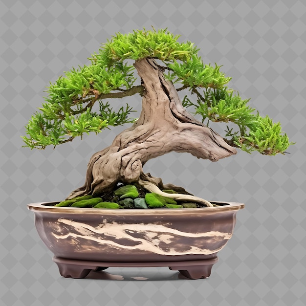 Un árbol de bonsai está en una olla con un fondo de azulejos grises y blancos