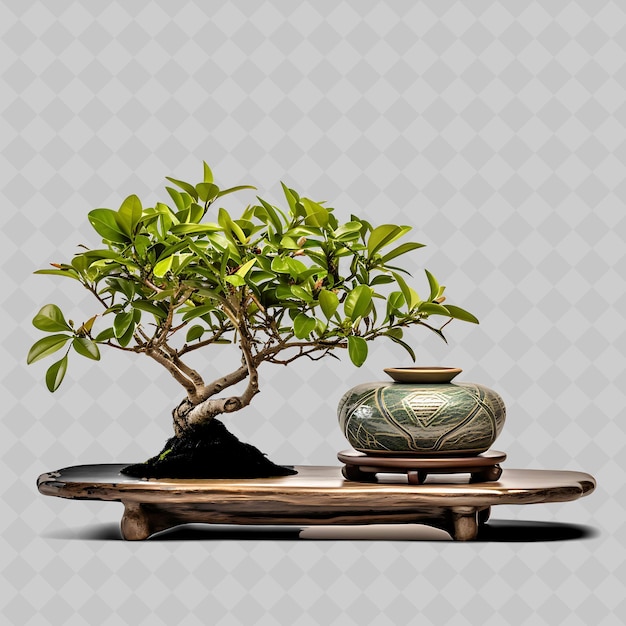 Un árbol de bonsai y una planta en maceta en una mesa