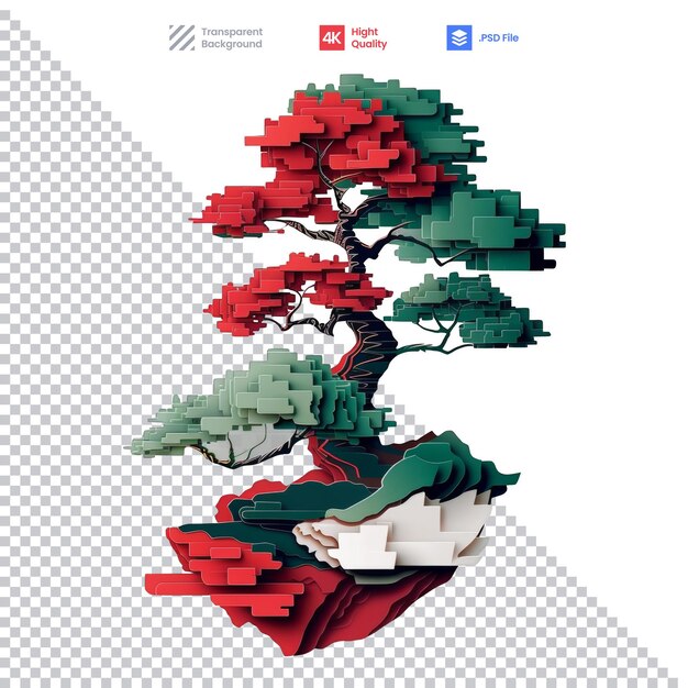 PSD Árbol de bonsai rojo y verde sobre un fondo blanco