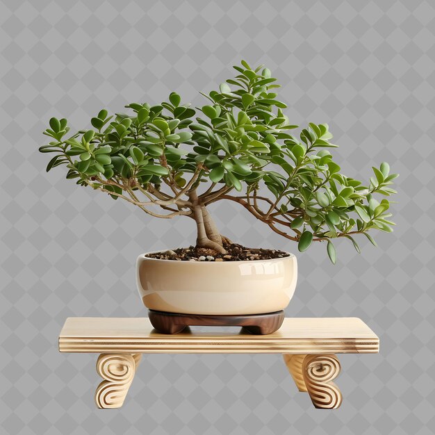 Un árbol de bonsai se sienta en una mesa con un fondo de cuadrados grises y blancos