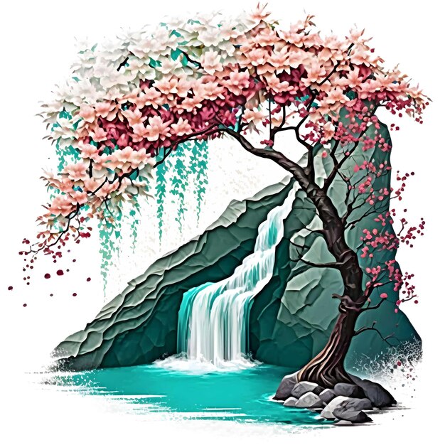 PSD Árbol cascada japonés wallart 4096px png transparente 300dpi para camiseta clipart marco de libro arte de pared