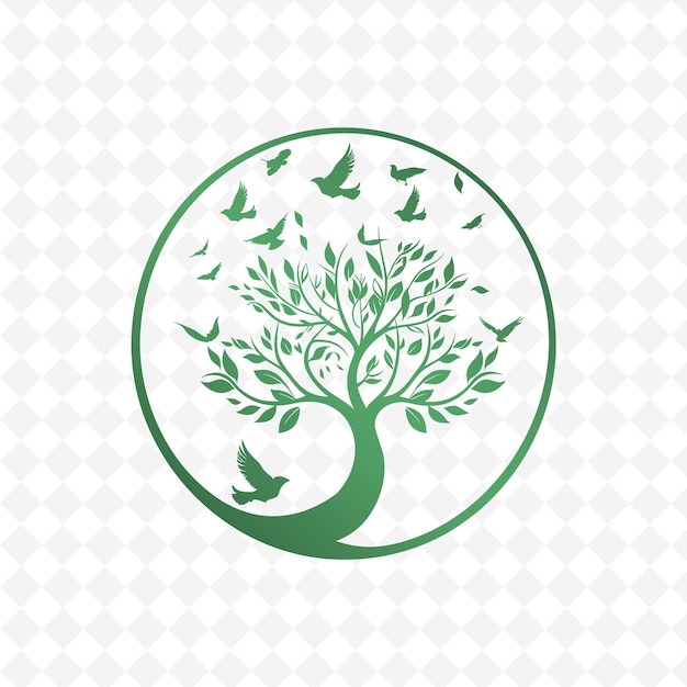 un árbol con un círculo verde con pájaros en él