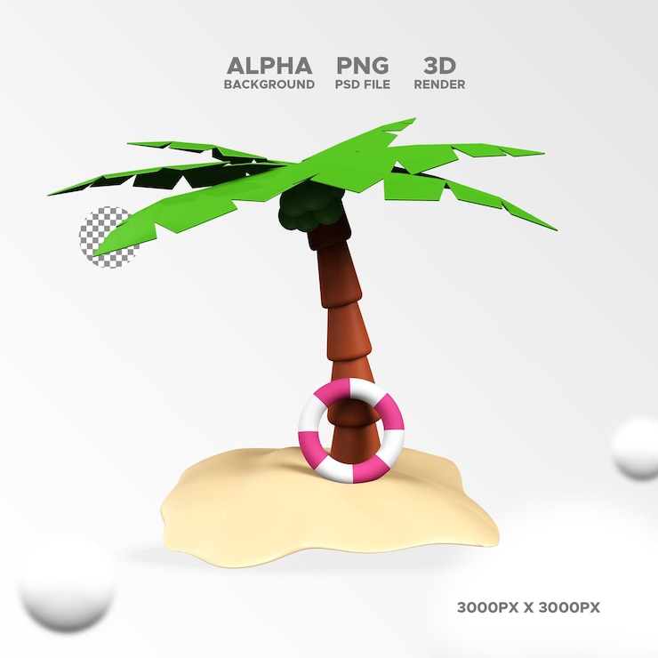 PSD árbol de coco con playa de arena y neumático de natación 3d render para diseño ilustración objeto aislado