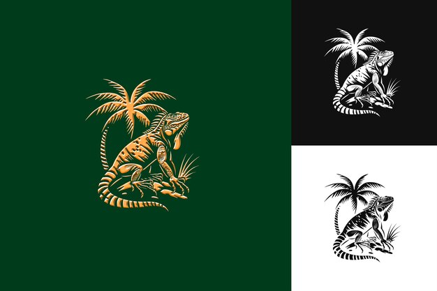 Árbol de coco con siluetas estilizadas de iguana y diseño vectorial de ilustración creativa Simplify D