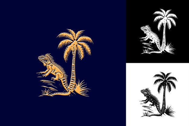 Árbol de coco con siluetas estilizadas de iguana y diseño vectorial de ilustración creativa Simplify D