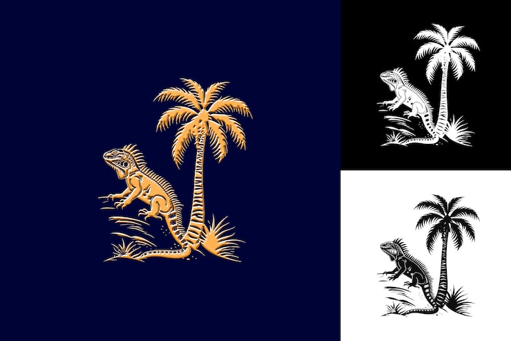PSD árbol de coco con siluetas estilizadas de iguana y diseño vectorial de ilustración creativa simplify d