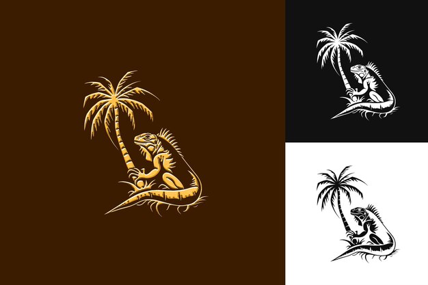 Árbol de coco con siluetas estilizadas de iguana y diseño vectorial de ilustración creativa Simplify D