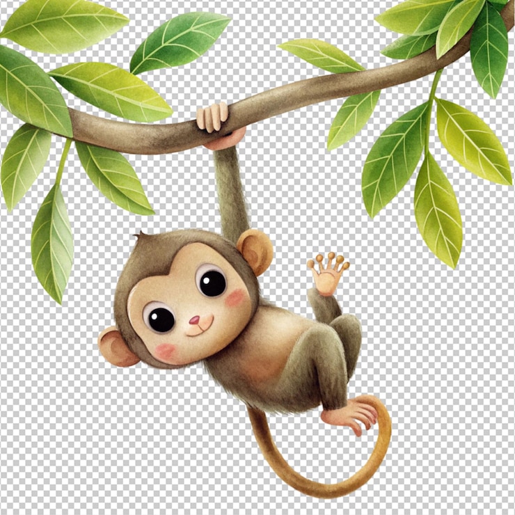PSD un árbol colgado de monos sobre un fondo blanco