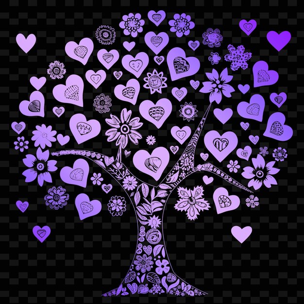 PSD un árbol con corazones púrpuras y un árbol con corazón púrpura en él