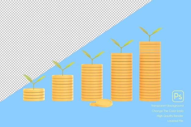 El árbol de dibujos animados en 3d en un montón de monedas se alinea de tamaño pequeño a grande y se muestra en forma de gráfico