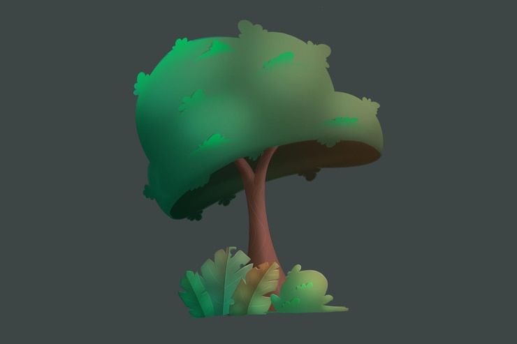 PSD un árbol de dibujos animados con una hoja verde.