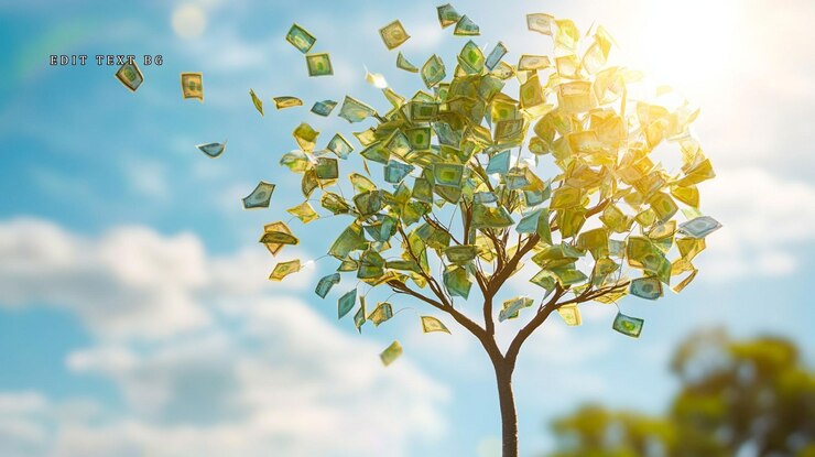 PSD árbol de dinero con billetes de dólar soplando en el viento bajo un cielo soleado