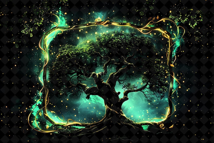 PSD árbol encantado de la vida marco arcano con un árbol majestuoso y marco de color neón colección de arte y2k