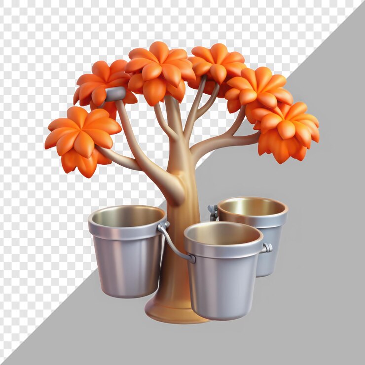 PSD árbol de flores de naranja vibrante con cubos metálicos que simbolizan la cosecha y la recolección