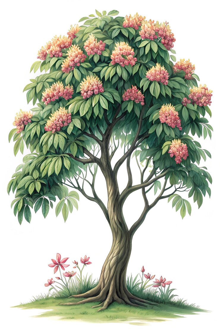 PSD árbol con flores rosadas y follaje verde exuberante