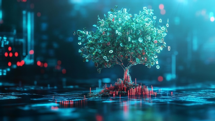 PSD árbol futurista que brilla con datos digitales que crecen desde el suelo digital en un entorno del ciberespacio