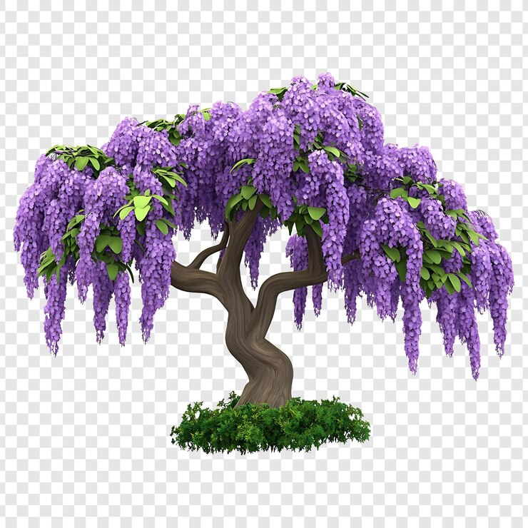PSD arbol de glicería de dibujos animados 3d realistas con flores púrpuras y follaje verde