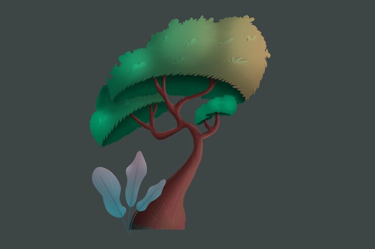 PSD un árbol con una hoja verde y una flor azul.