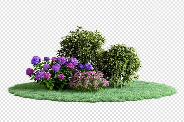 Árbol de hortensias y hierba de varias formas.