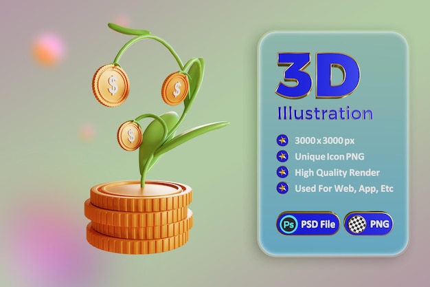 PSD Árbol de iconos 3d con monedas