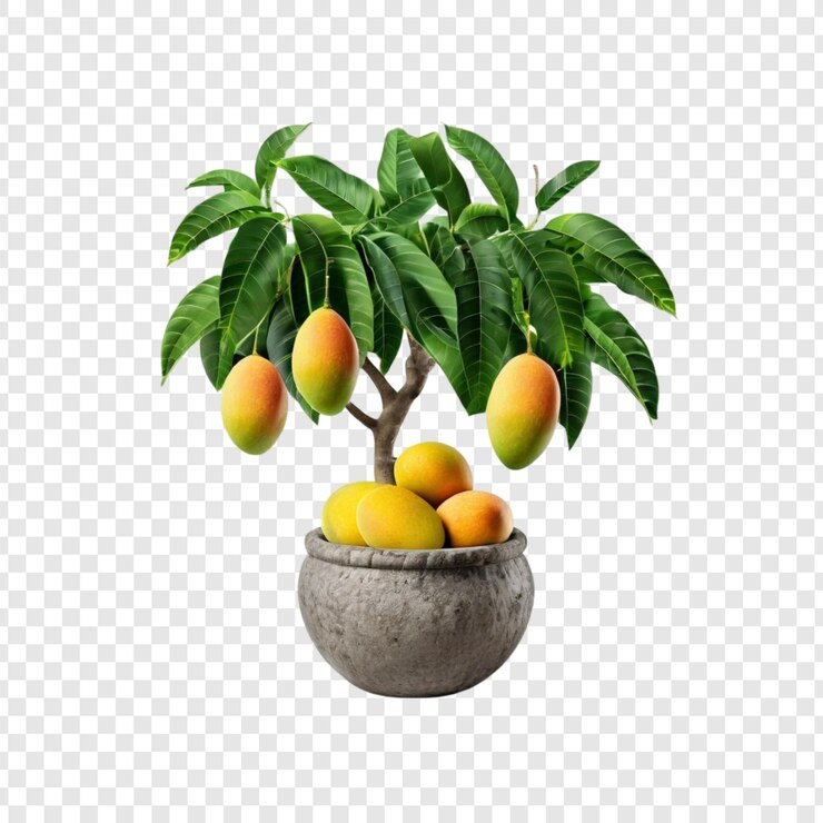 PSD árbol de mango maduro en olla frutas tropicales frescas al estilo bonsai